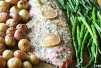 Garlic Butter Salmon with Asparagus and Roasted Potatoes on a Sheet Pan
