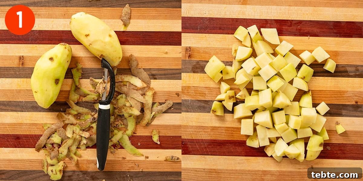 Peeled and chopped potatoes.