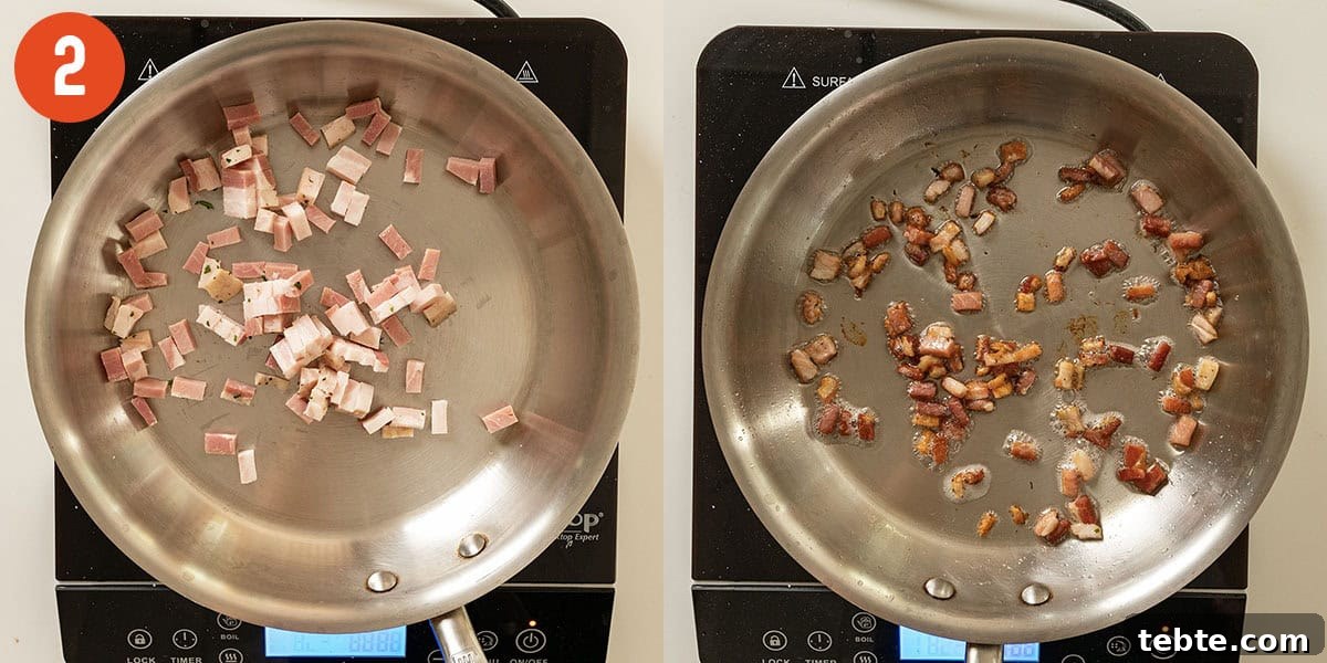 Frying pancetta in a saucepan until golden brown.