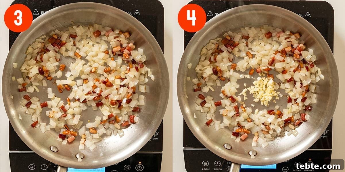Sauteing onions and garlic in oil from pancetta.