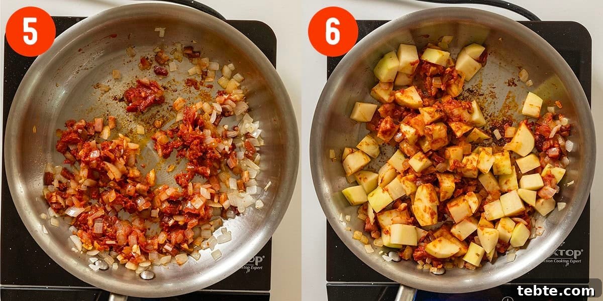 Caramelized tomato pasta in a saucepan combined with chopped potatoes.