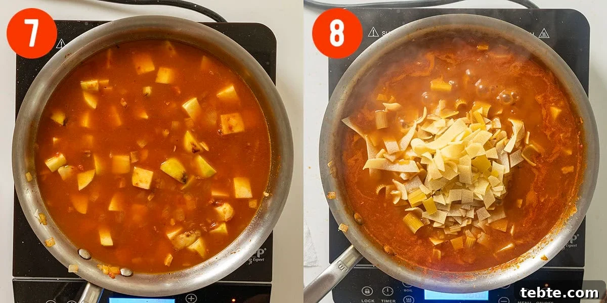 Simmering potatoes in broth and water combined with pasta.