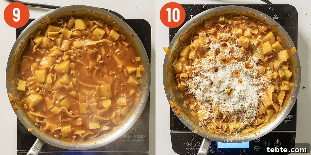 Pasta and potatoes simmering in broth combined with parmesan.
