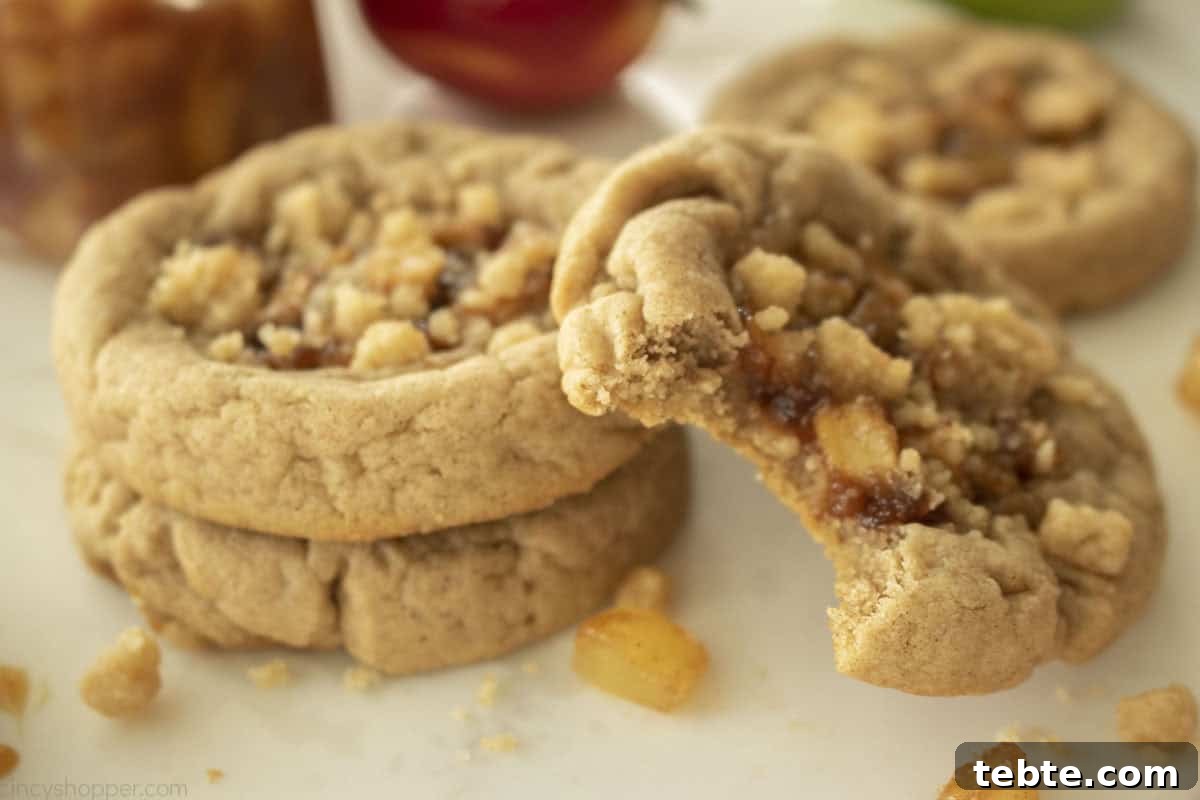 Apple Pie Cookie Recipe: Crispy, Cinnamon-Sugar Bites 8 Fresh homemade apple pie cookies with a bite taken out.