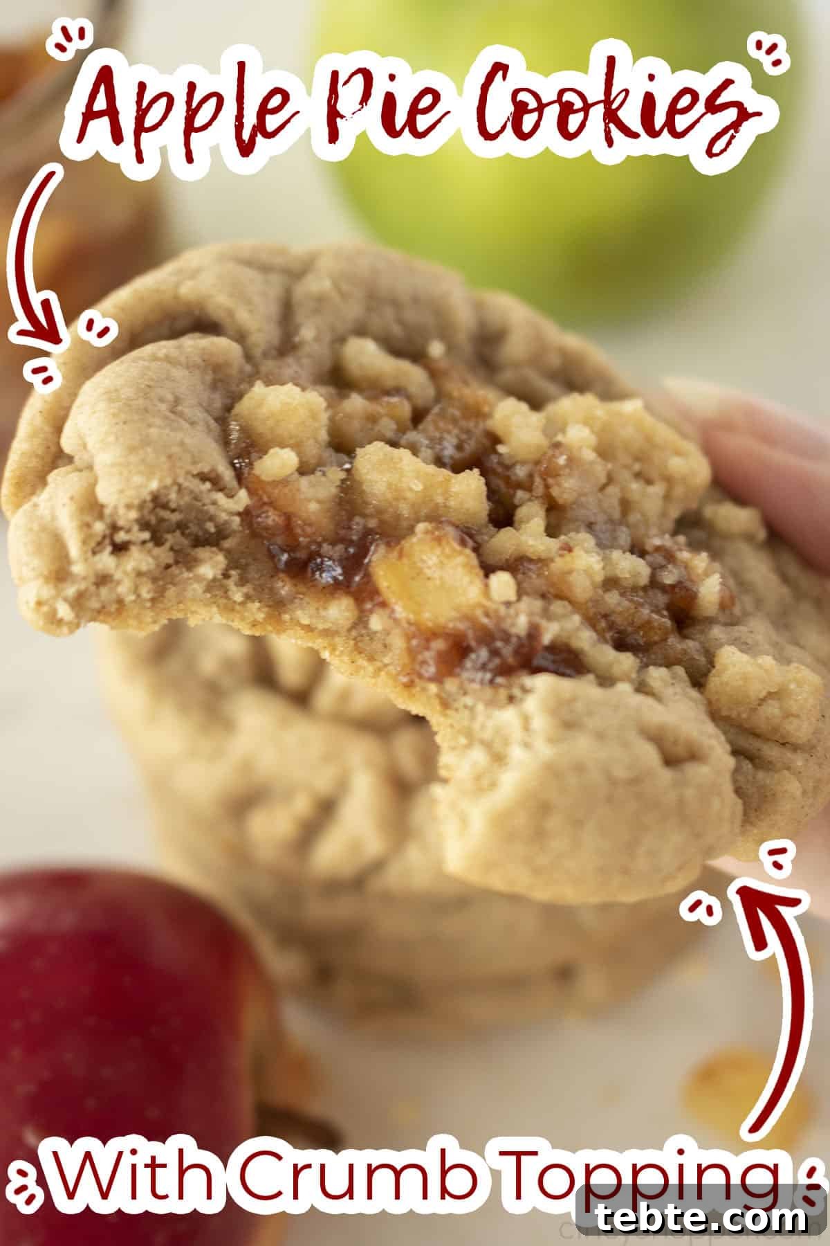 Apple Pie Cookie Recipe: Crispy, Cinnamon-Sugar Bites 4 Hand holding and showing closeup of the bite taken from Apple cookie. Text on image "with crumb topping"