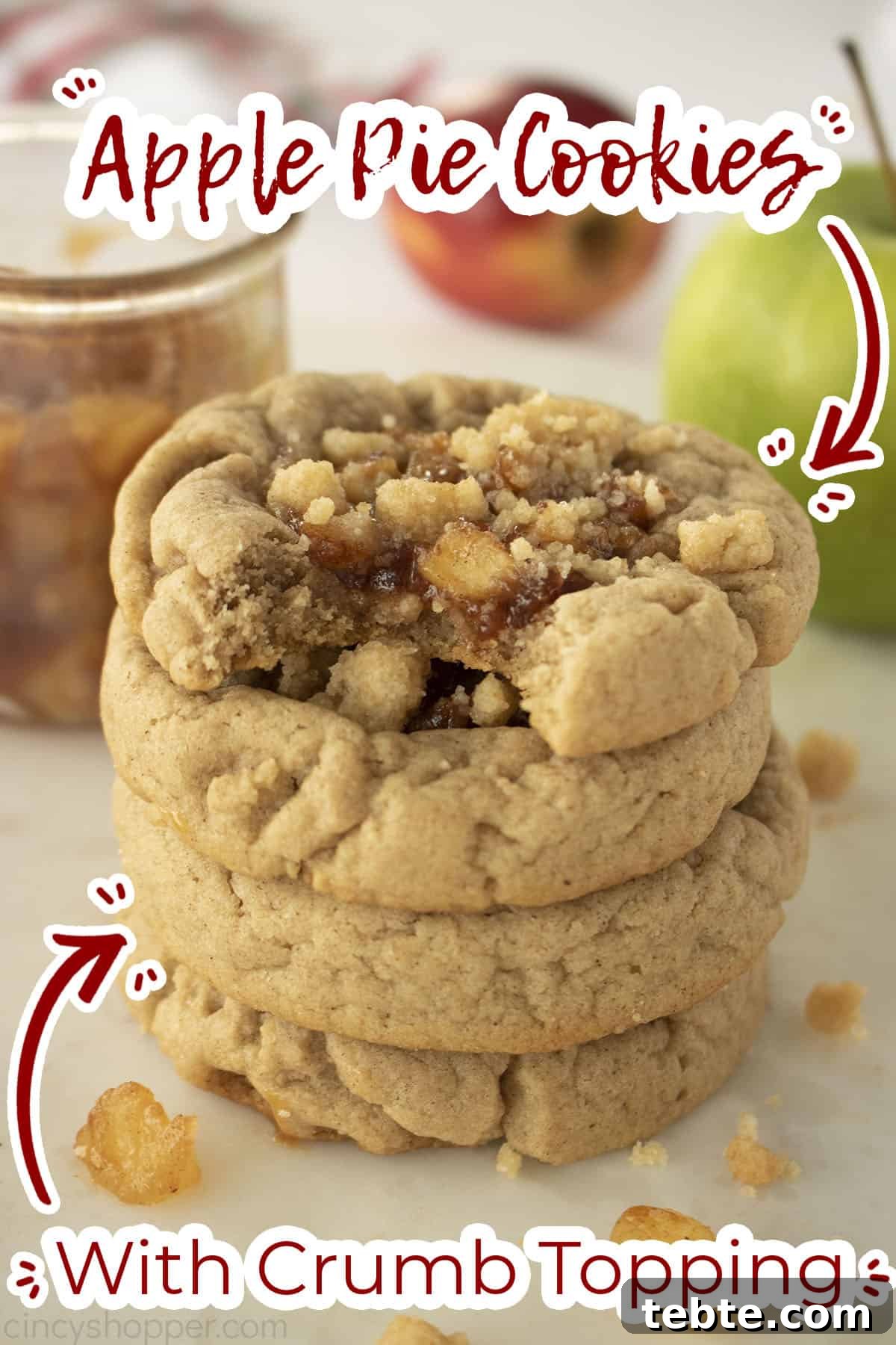 Apple Pie Cookie Recipe: Crispy, Cinnamon-Sugar Bites 5 Stack of apple Pie Cookies on w awhite Marble board. Text on image 'with crumb topping