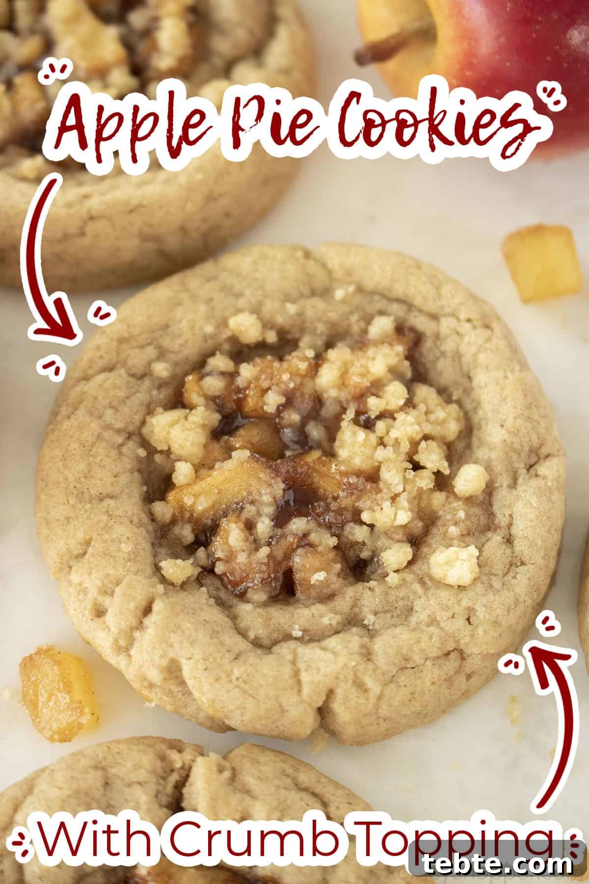 Apple Pie Cookie Recipe: Crispy, Cinnamon-Sugar Bites 6 Overhead view of apple cookies with filling and crumb closeup. Text on image "with crumb topping"