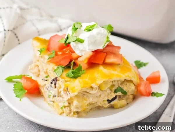 A slice of Mexican lasagna recipe topped with sour cream, tomatoes, and green onions.