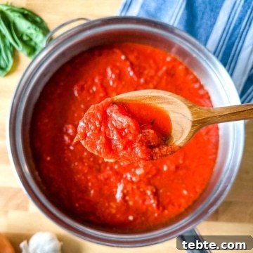 A closeup of hearty marinara sauce in a wooden spoon.