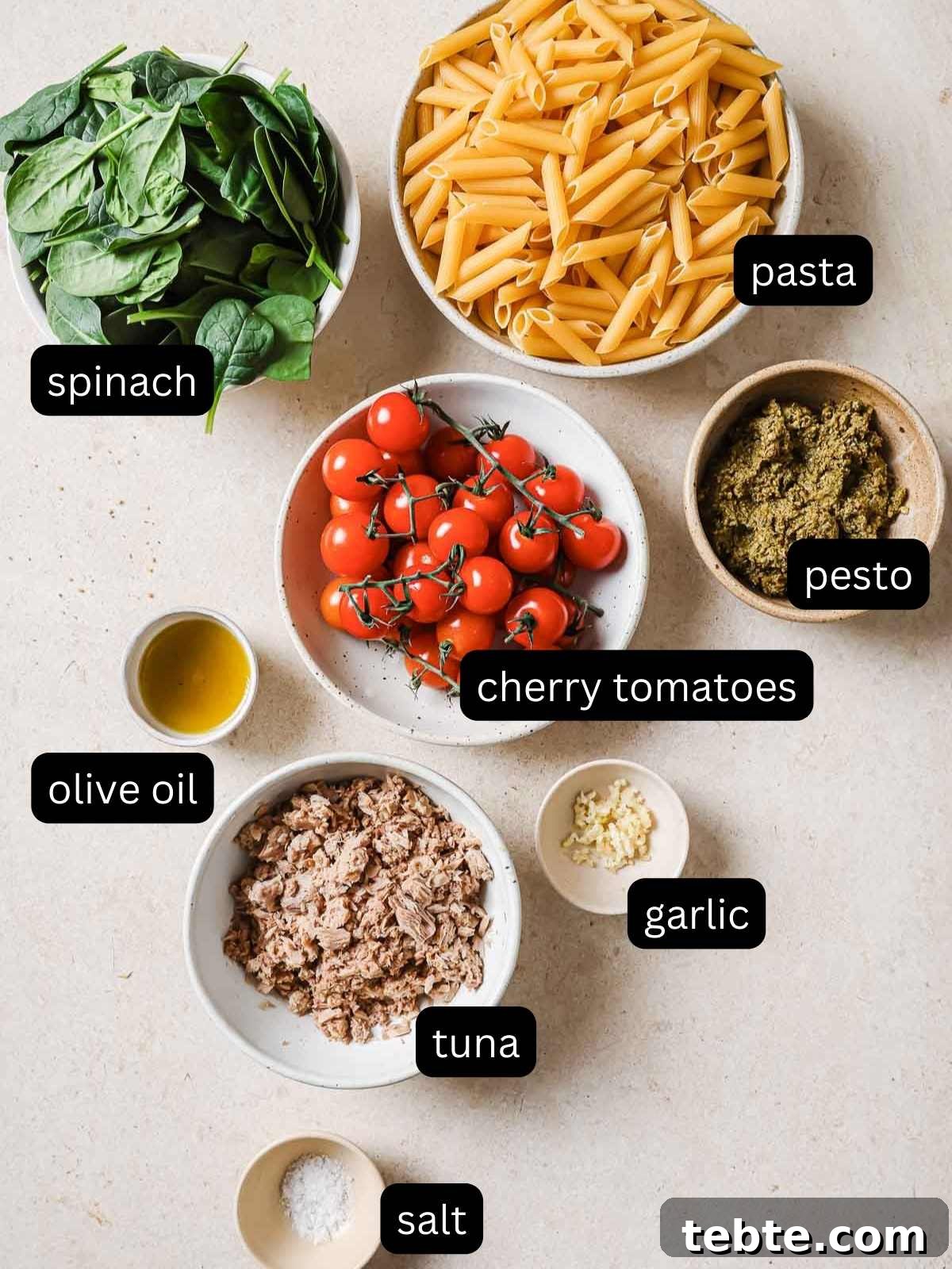 Creamy Tuna Pesto Pasta Recipe for Quick Weeknight Meals 3 Ingredients for a pasta dish with tomatoes, spinach and tuna.