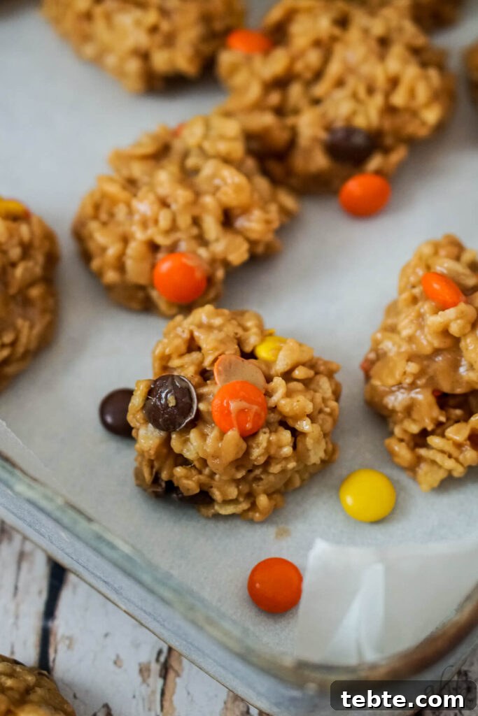 No-Bake Rice Krispies Cookies Recipe — Quick Treats in Minutes 2 A pan of rice krispies no bake cookies with several reeces pieces laying nearby.