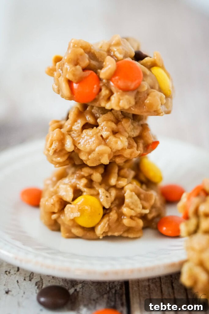 No-Bake Rice Krispies Cookies Recipe — Quick Treats in Minutes 3 A stack of 3 no bake rice krispies cookies with reeses pieces on a white plate.