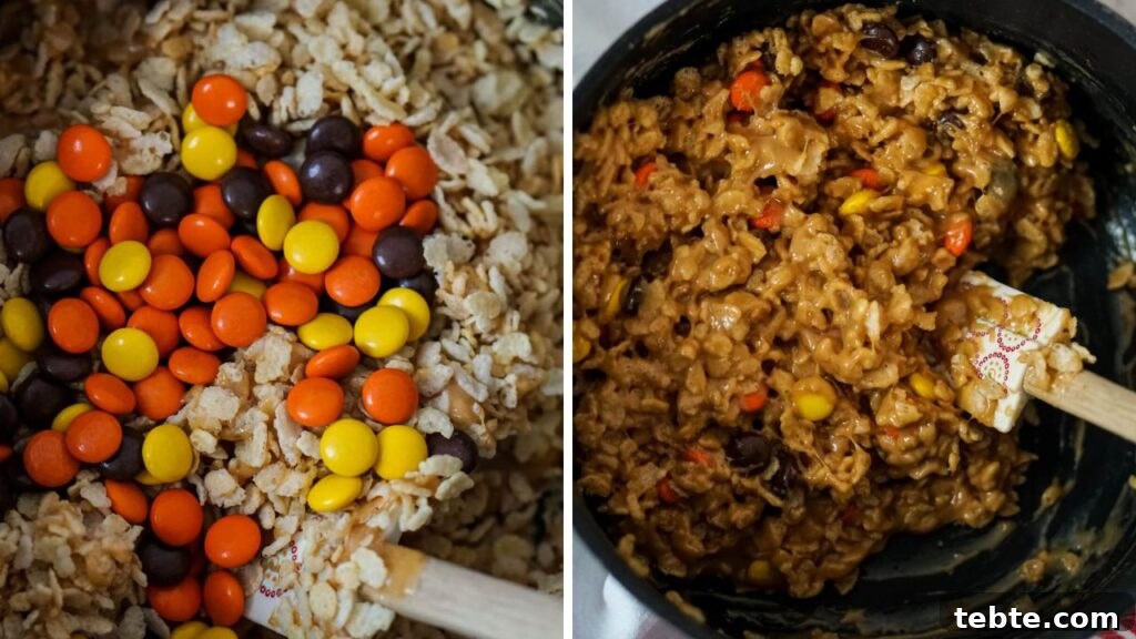 No-Bake Rice Krispies Cookies Recipe — Quick Treats in Minutes 6 Rice Krispies and Reese's pieces are stirred into the smooth mixture.