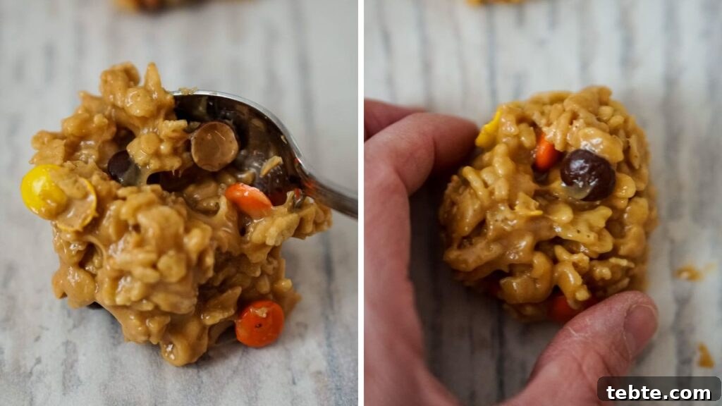 No-Bake Rice Krispies Cookies Recipe — Quick Treats in Minutes 7 A spoonful of the cookies mixture is place onto a baking sheet covered with parchment paper. A person then shaped the mixture into a ball with their fingers.