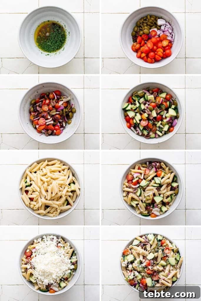 Mediterranean Greek Pasta Salad with Feta and Olives 3 Collage showing how to make Greek Pasta Salad.