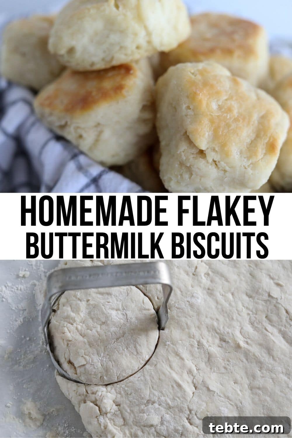 Flaky Homemade Biscuits Recipe — From Scratch and Delicious 13 collage of biscuits made from scratch. the top picture is biscuits in a basket and the bottom is biscuit dough being cut by a biscuit cutter.