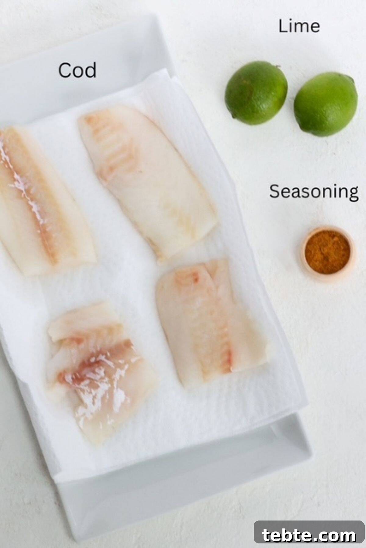 Air Fryer Cod with 3 Ingredients — Quick Crispy Recipe 3 Ingredients for making air fryer cod, labeled.