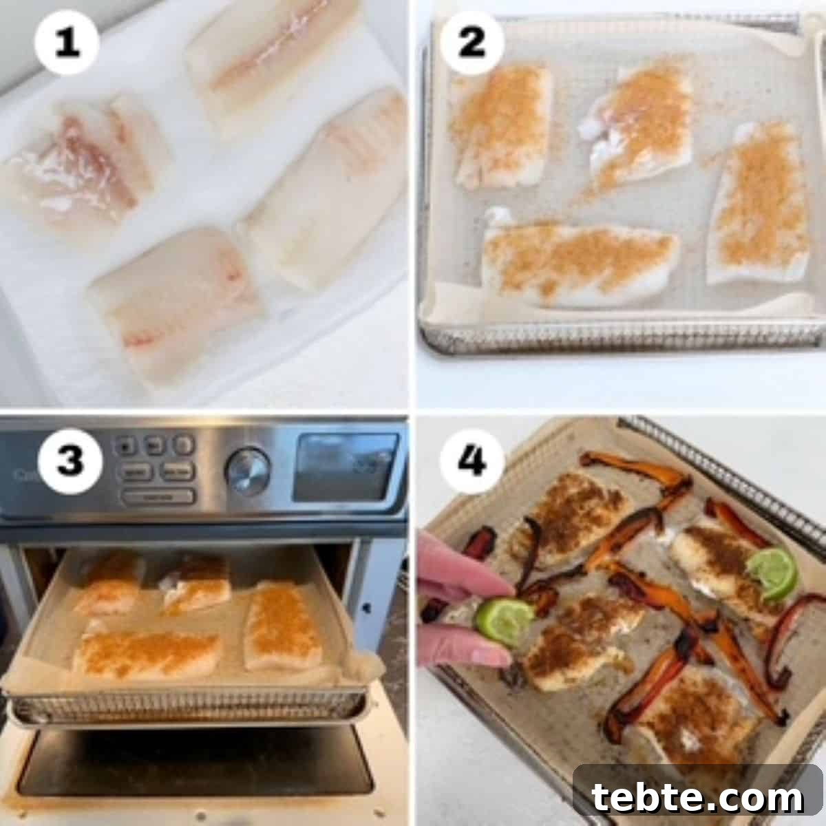 Air Fryer Cod with 3 Ingredients — Quick Crispy Recipe 4 Four numbered images showing how to bake cod in an air fryer.
