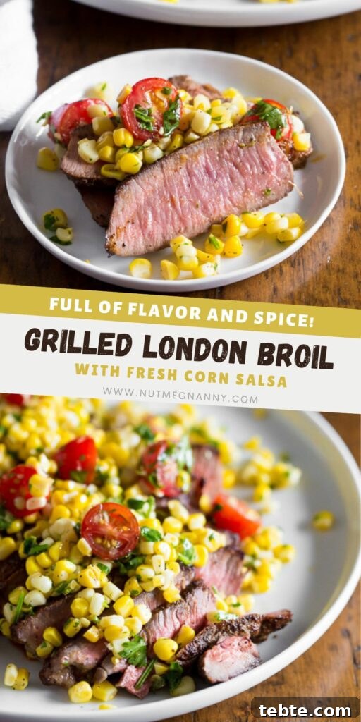 Grilled London Broil with Corn Salsa pin for Pinterest. 