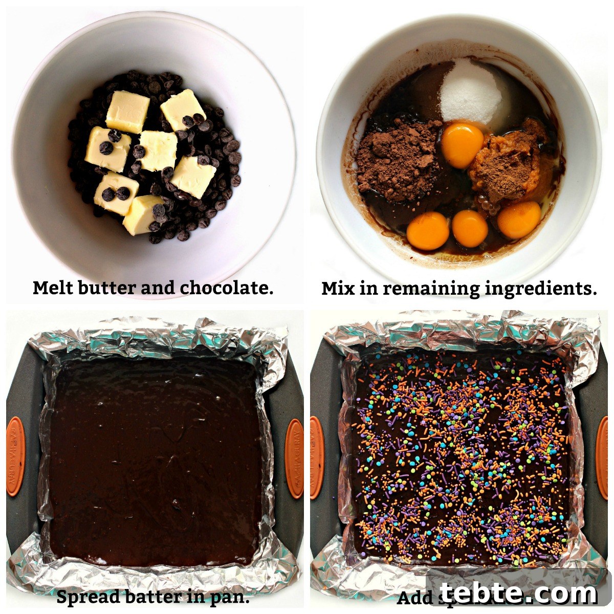 Pumpkin Fudge Brownies with Warm Spices and Gooey Center 4 Instructions; melt butter and chocolate, combine all ingredients, spread in pan, add sprinkles.