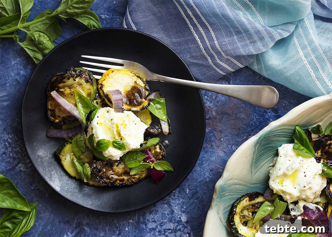 5 Must-Know Updates for June 2021 4 A plate of grilled zucchini salad with lemon ricotta dolloped on top.