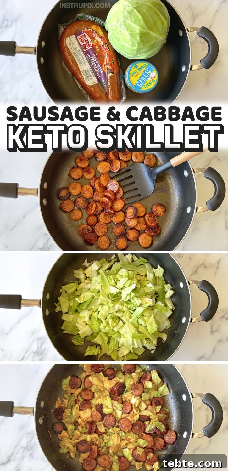 Sausage and Cabbage Skillet Dinner Recipe for Quick Weeknights 15 Easy Keto Sausage & Cabbage Dinner Skillet | If you're looking for quick and easy last minute low carb meals, you've got to add this one pan dinner to your meal plan! It's perfect for busy weeknights when you're tired and hungry. It's also healthy and packed full of fiber and protein! And, no cheese! You can make it dairy free by using oil instead of butter, too.