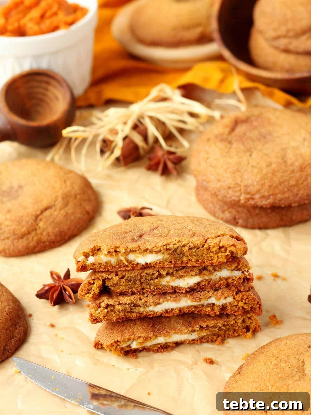 Pumpkin Cheesecake Cookies Recipe — Soft, Creamy Fall Treat 16 pumpkin cookies with cheesecake filling, cut in half with knife, scattered on brown parchment paper.