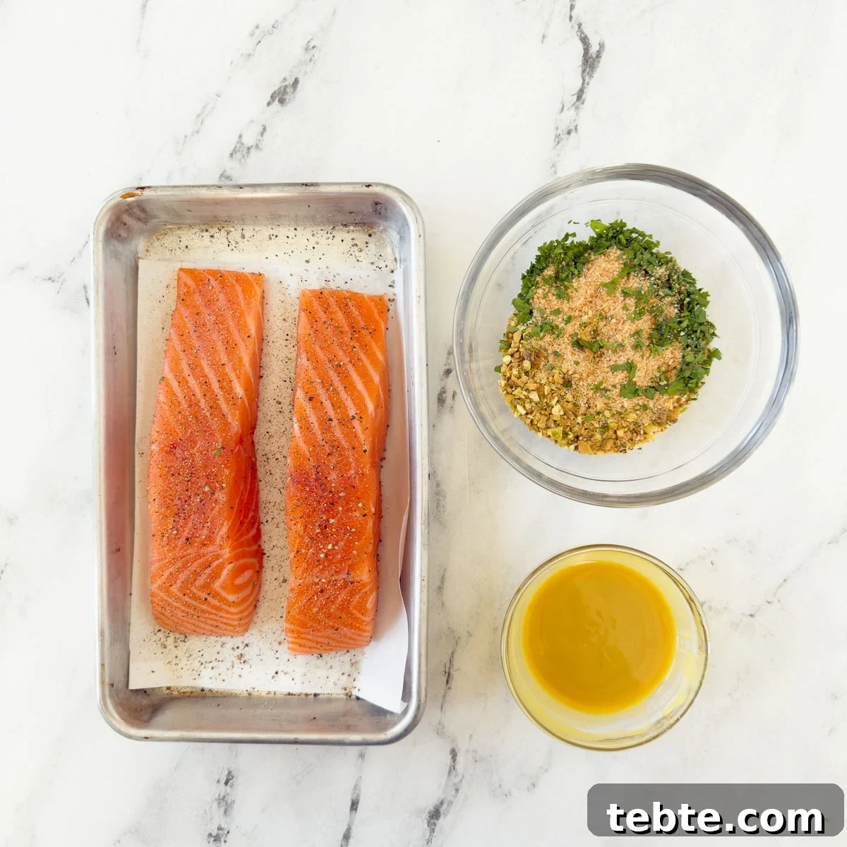 Oven-Roasted Salmon with Pistachio Crust 4 Salmon with honey-mustard topping and a breadcrumb and herb crust mix.
