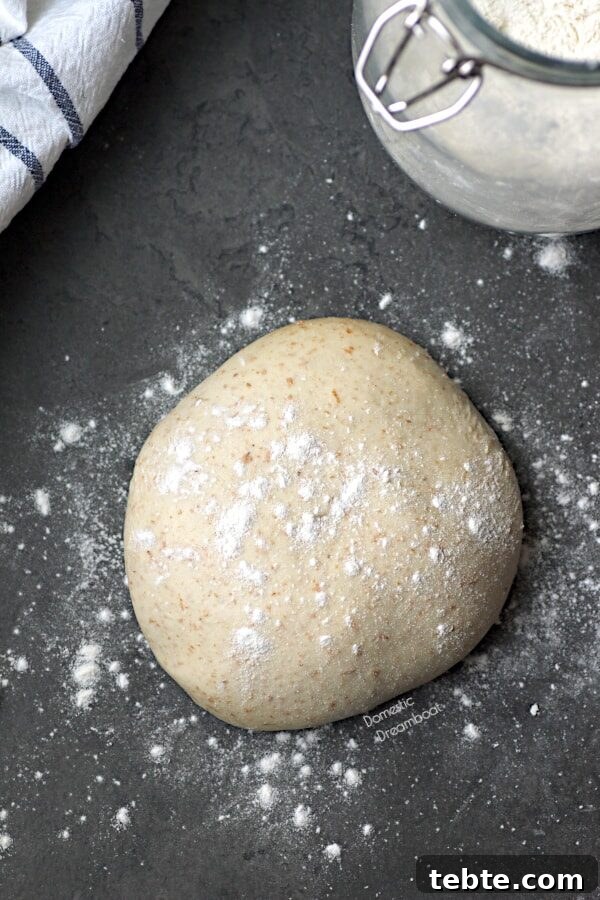 A ball of homemade pizza dough with flour sprinkled on top