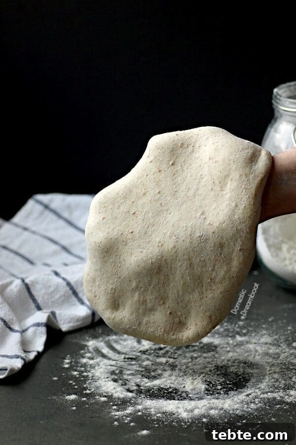 Hands holding a round of homemade  pizza dough