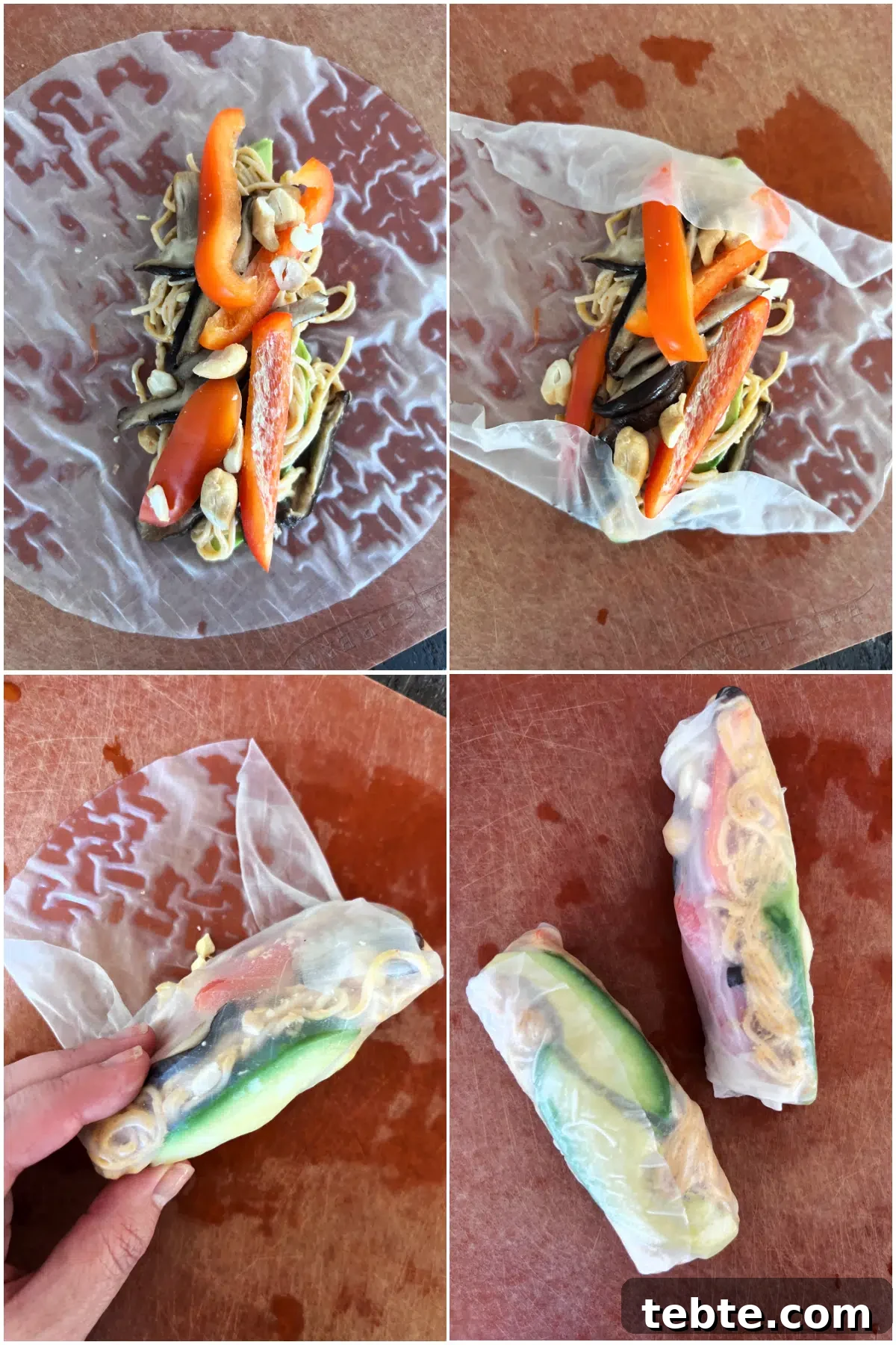 Avocado Shiitake Spring Rolls @spabettie #glutenfree #vegan #fresh #springroll #recipe Four image collage showing how to roll spring rolls: line fillings just off center down the middle, fold in short sides first, then fold long side up over fillings and roll tight.