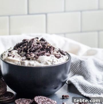 Creamy Oreo Dip Recipe for Parties and Dessert Tables 13 Angle shot of dip on counter.