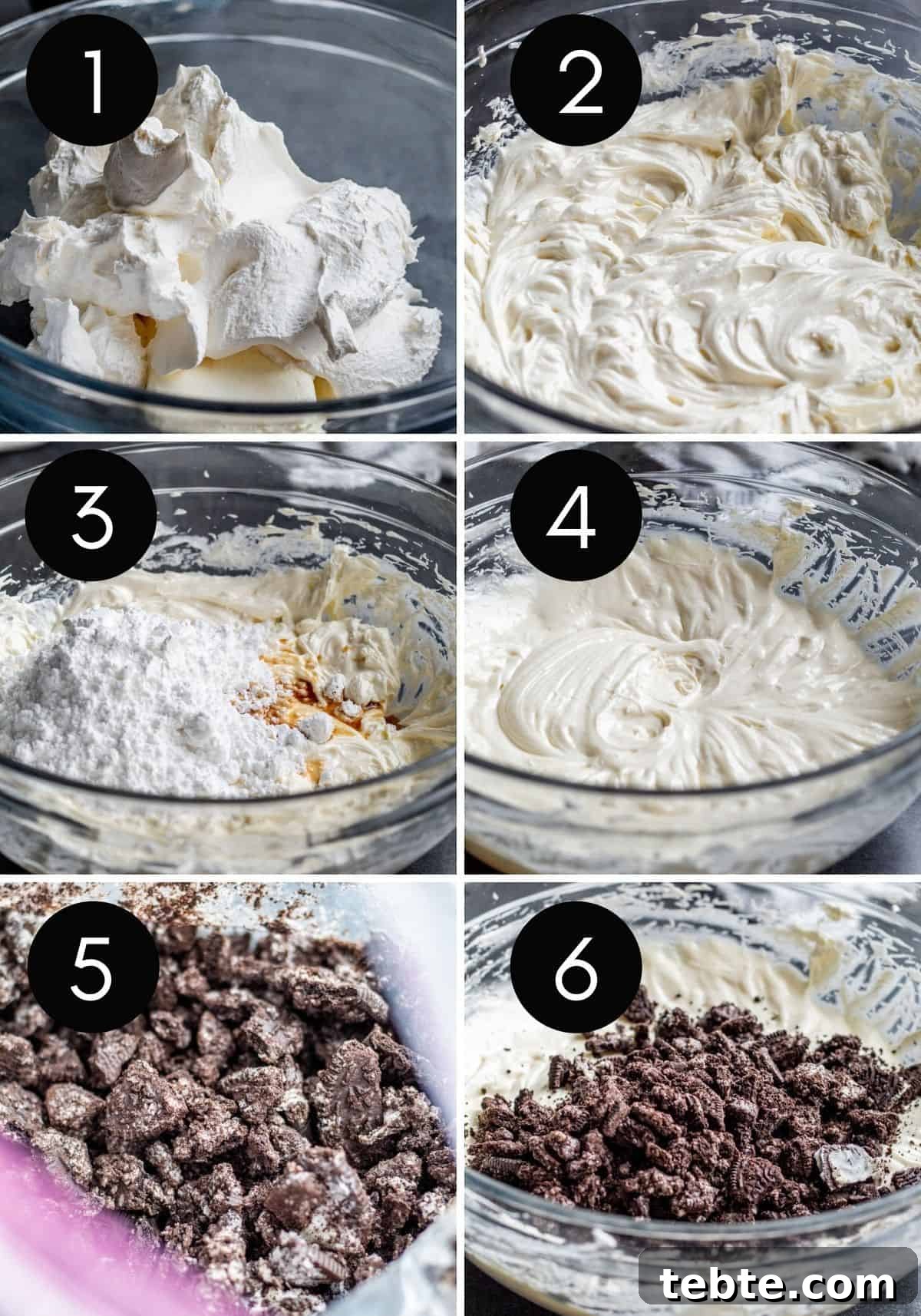 Creamy Oreo Dip Recipe for Parties and Dessert Tables 4 Step by step instructions showing dip being made.