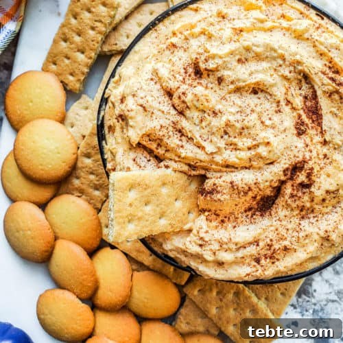 Overhead shot of pumpkin dip in a black bowl on a white counter.