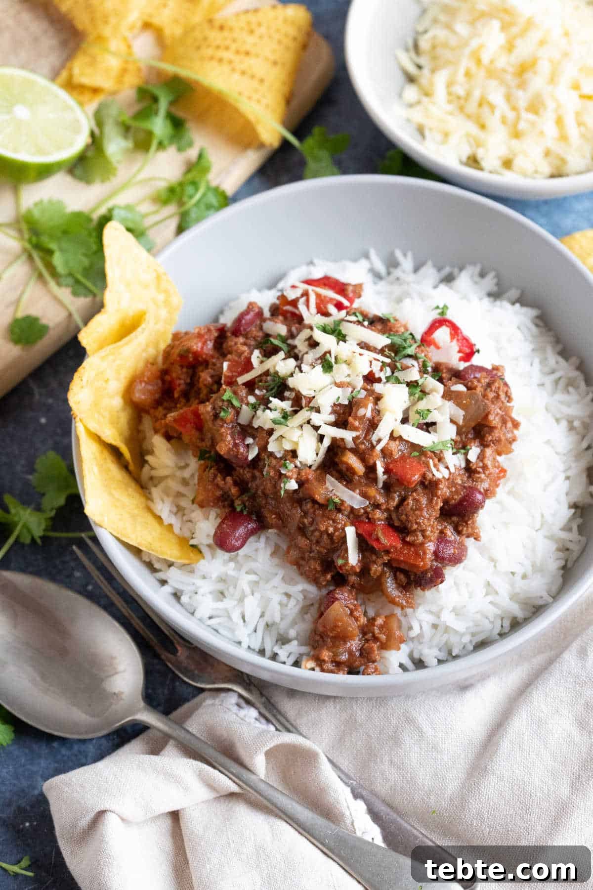 A bowl of chilli con carne made in the slow cooker.
