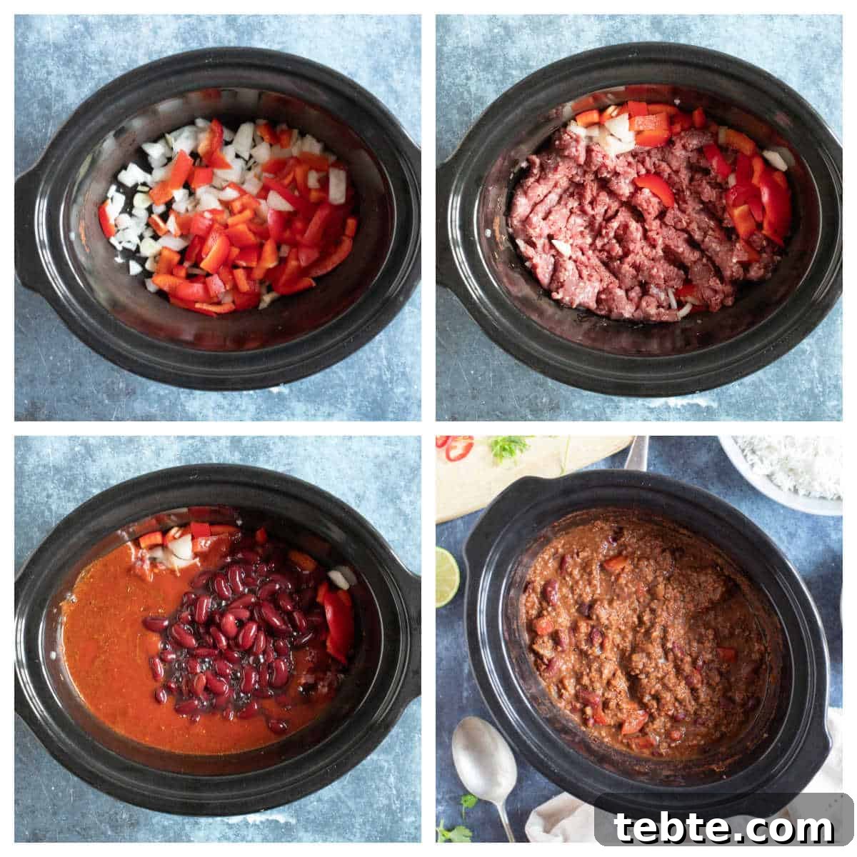 Step by step photo instructions for making chili con carne in a slow cooker.