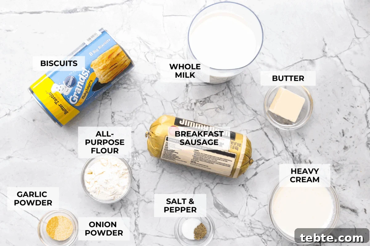 Forget the usual biscuits and gravy, this version takes everything you love and turns it into one irresistible, bubbly casserole. Creamy sausage gravy, buttery biscuits, and zero stress. Overhead shot of labeled ingredients.