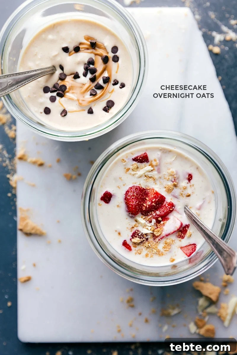 Two variations of cheesecake overnight oats: one with peanut butter and the other with strawberries.