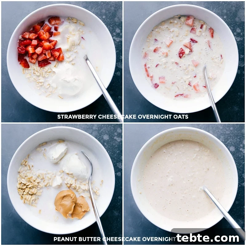Ingredients for both variations (peanut butter and strawberry) added to a bowl, followed by mixing them together.