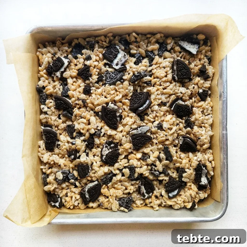 Oreo Rice Krispie Treats Recipe: Cookies & Cream Marshmallow Bars 7 completed oreo rice krispie treats ready to cool