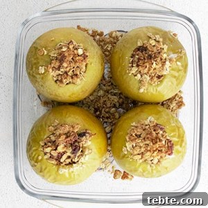 Crispy Air Fryer Baked Apples with Cinnamon and Honey 11 Image of four air fryer baked apples with an oat-based crumble filling inside each apple with cinnamon, raisins and pecans.