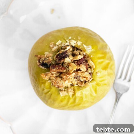 Crispy Air Fryer Baked Apples with Cinnamon and Honey 6 top view photo of an air fryer baked apple with an oat-based crumble filling with a fork set to the side on a plate
