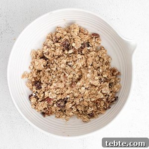 Crispy Air Fryer Baked Apples with Cinnamon and Honey 9 process photo showing the oat-based crumble filling with cinnamon, raisins and pecans in a mixing bowl to make air fryer baked apples.