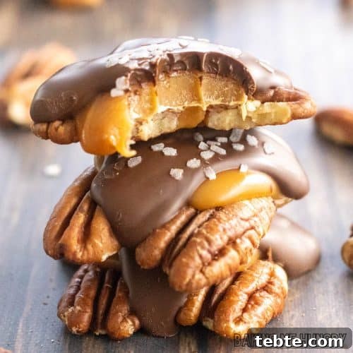 pecan caramel candies in a stack close up with top candy missing a bite