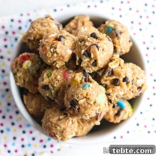 monster cookie dough balls in bowl close up from overhead
