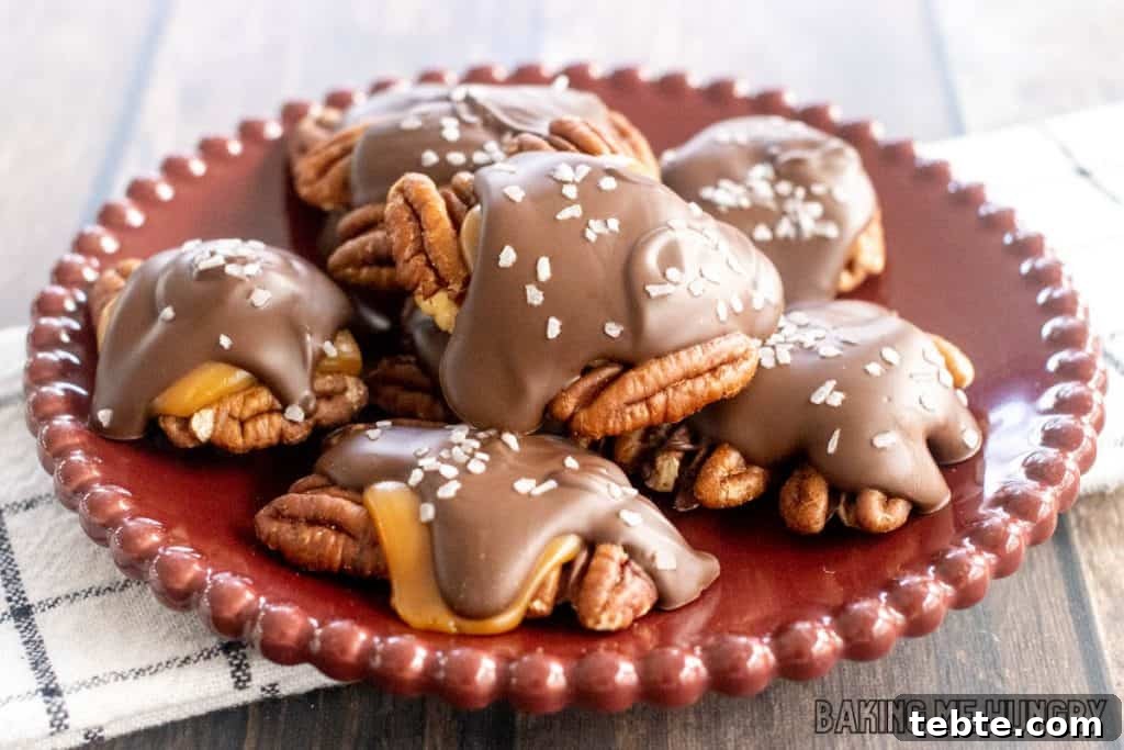 Chewy Pecan Caramel Candies Recipe for Homemade Treats 3 pecan caramel candies recipe on a maroon plate