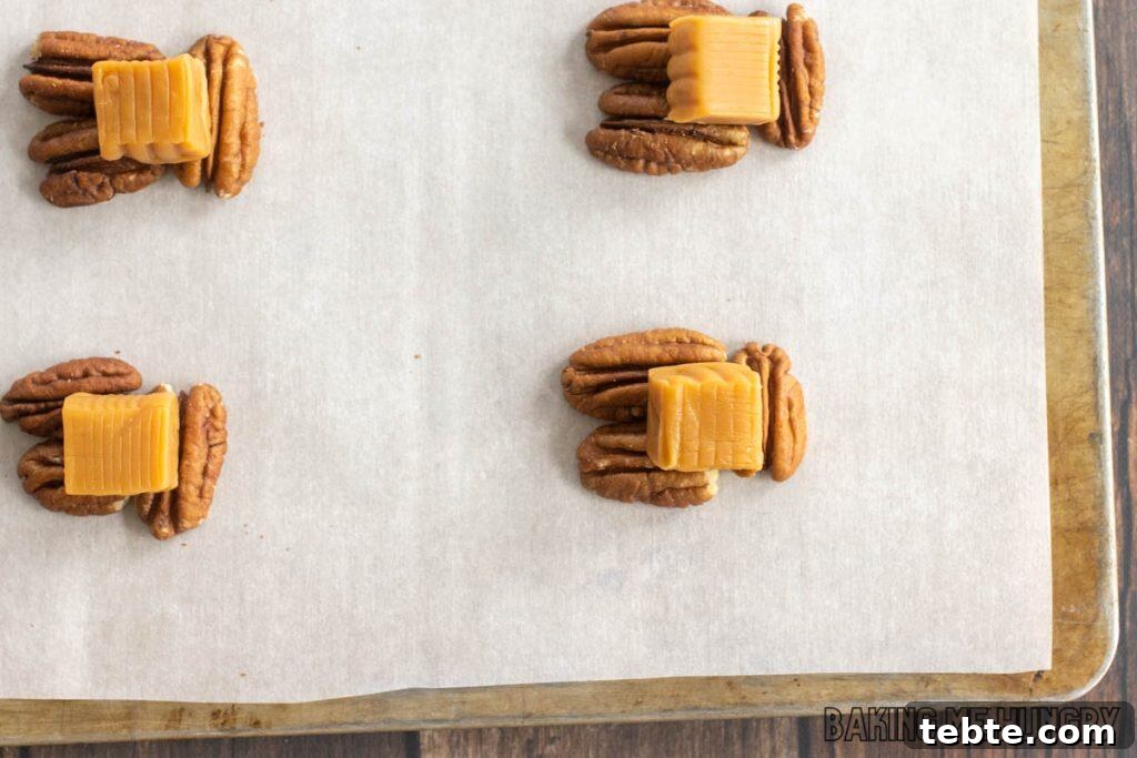 Chewy Pecan Caramel Candies Recipe for Homemade Treats 5 cubes of caramel on pecans