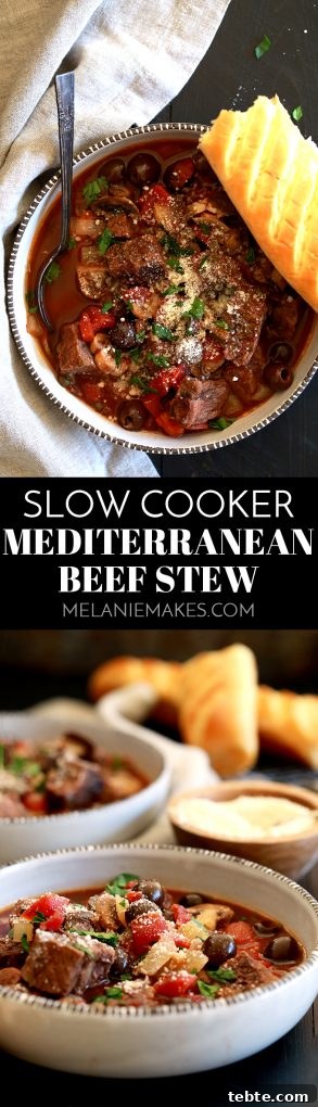Slow Cooker Mediterranean Beef Stew with Tomatoes & Olives 20 A balsamic vinegar spiked broth is the base of this Slow Cooker Mediterranean Beef Stew that's dotted with stew meat, tomatoes, mushrooms, olives and capers. Each bowl of this rich and hearty stew is then sprinkled with fresh parsley and grated Parmesan cheese which helps to brighten the flavors as well as to really up the flavor ante.