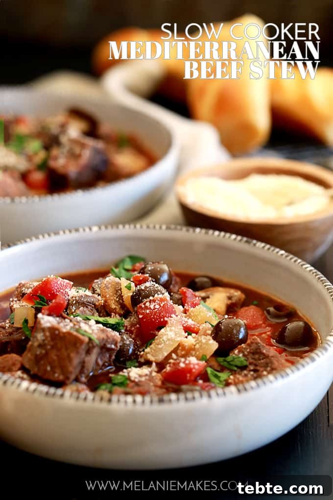 A balsamic vinegar spiked broth is the base of this Slow Cooker Mediterranean Beef Stew that's dotted with stew meat, tomatoes, mushrooms, olives and capers. Each bowl of this rich and hearty stew is then sprinkled with fresh parsley and grated Parmesan cheese which helps to brighten the flavors as well as to really up the flavor ante. A balsamic vinegar spiked broth is the base of this Slow Cooker Mediterranean Beef Stew that's dotted with stew meat, tomatoes, mushrooms, olives and capers. Each bowl of this rich and hearty stew is then sprinkled with fresh parsley and grated Parmesan cheese which helps to brighten the flavors as well as to really up the flavor ante.