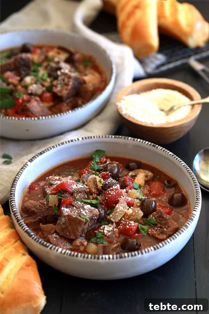 A balsamic vinegar spiked broth is the base of this Slow Cooker Mediterranean Beef Stew that's dotted with stew meat, tomatoes, mushrooms, olives and capers. Each bowl of this rich and hearty stew is then sprinkled with fresh parsley and grated Parmesan cheese which helps to brighten the flavors as well as to really up the flavor ante.